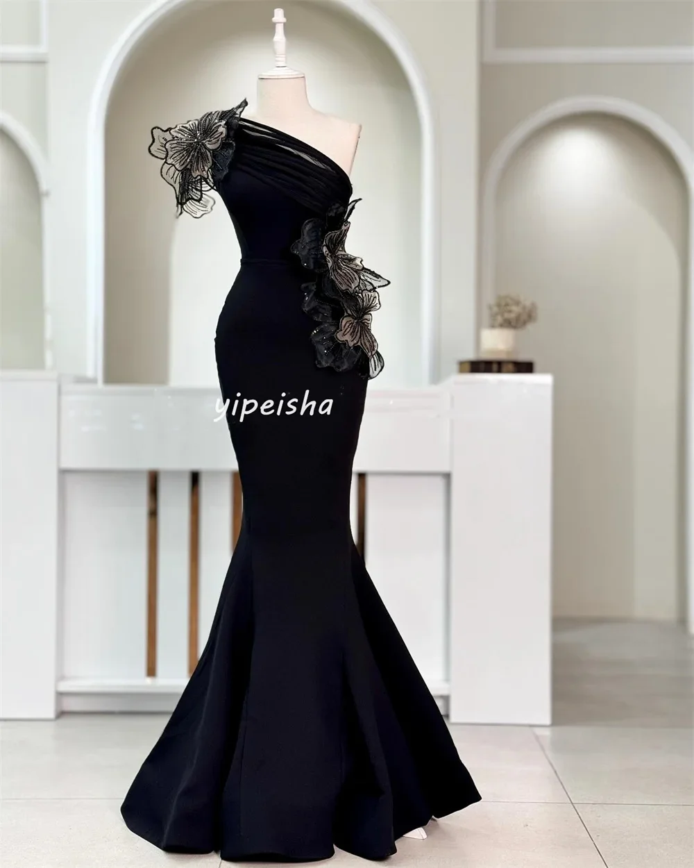 Customized Intricate Modern Style Jersey Handmade Flower Pleat Ruched Mermaid One-shoulder Long Dresses Evening Dresses