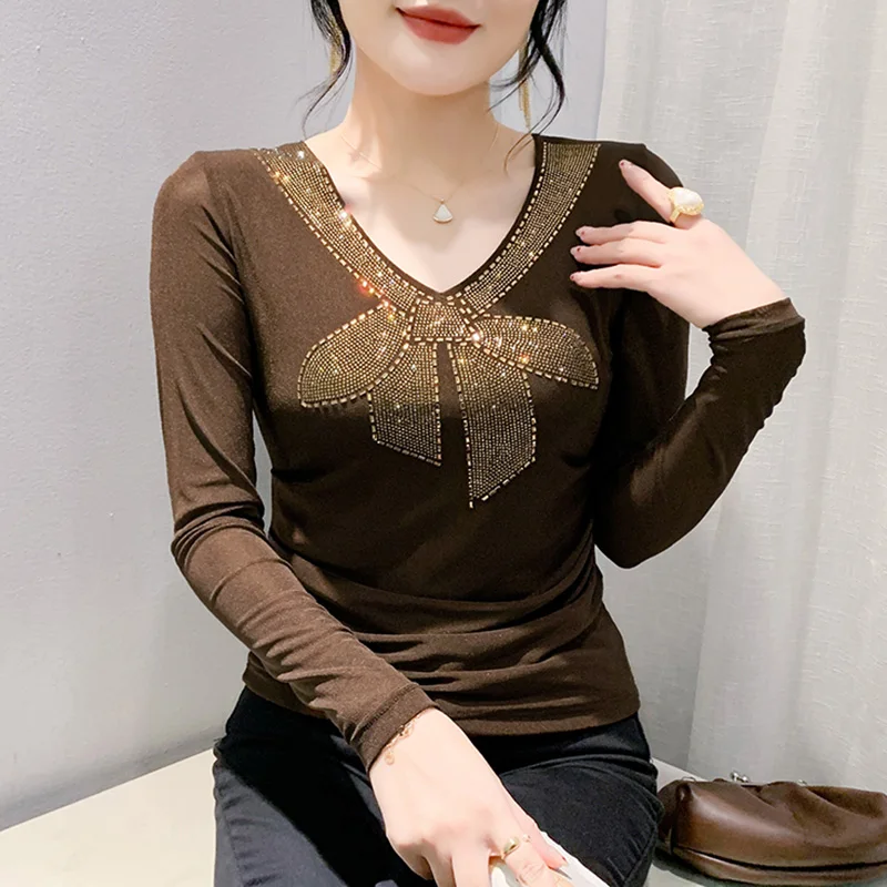 New 2024 Autumn Winter V-Neck Long Sleeved Women T-Shirt Elegant Slim Hot Drilling Mesh Tops Tees