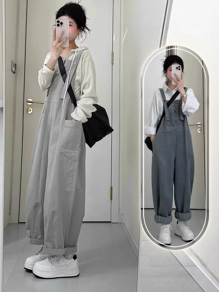 

Корейский комплект широких брюк для девочек, комплект больших размеров, женская весенняя свободная толстовка с капюшоном и брюки-карго, комбинированный топ