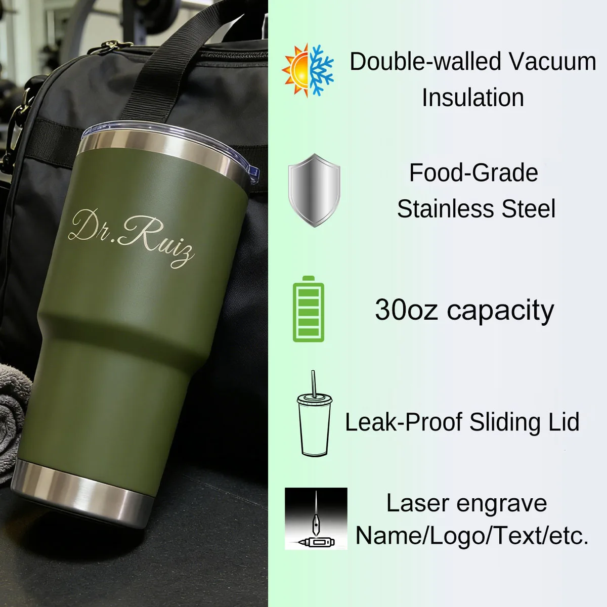 Custom Personalized 30 oz Vacuum Insulated Stainless Steel Large Capacity Tumbler for Workouts, Yoga, Gym, Office, Women, Men view 2