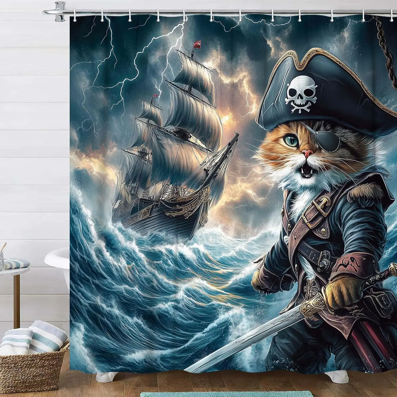 

Занавеска для душа с забавным котом, крутой кот динозавра в японской канагаве, занавеска для душа с волнами для ванной комнаты, веселая ткань с синим океаном
