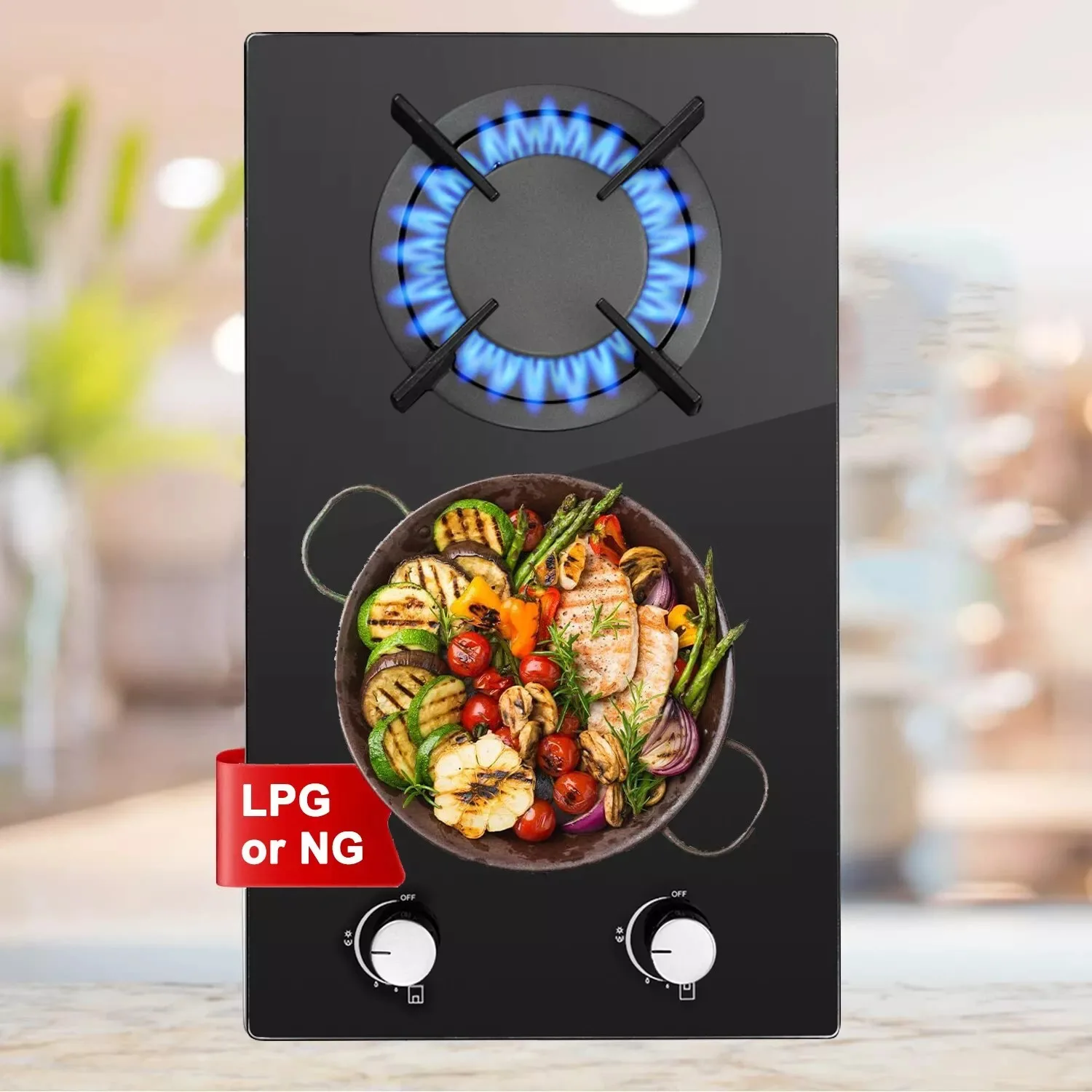 Topstrong 2 Burners Kitchen Built in Cooktop Black Glass NG/LPG Dual Fuel Gas Hob YYUKGCT-S02