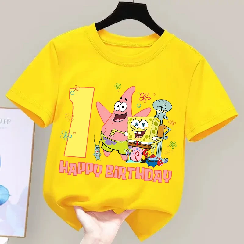 SpongeBob T-shirt for Children Birthday Number Tee Top Yellow Cartoon Anime Clothes Kawaii Boys Girls Round Collar Clothing Gift