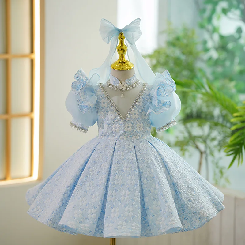 Luxe Baby Meisje Prinses Parel Bruiloft Bloem Meisjes Jurk Baby Peuter Vintage Vestido Party Optocht Verjaardag Baljurk