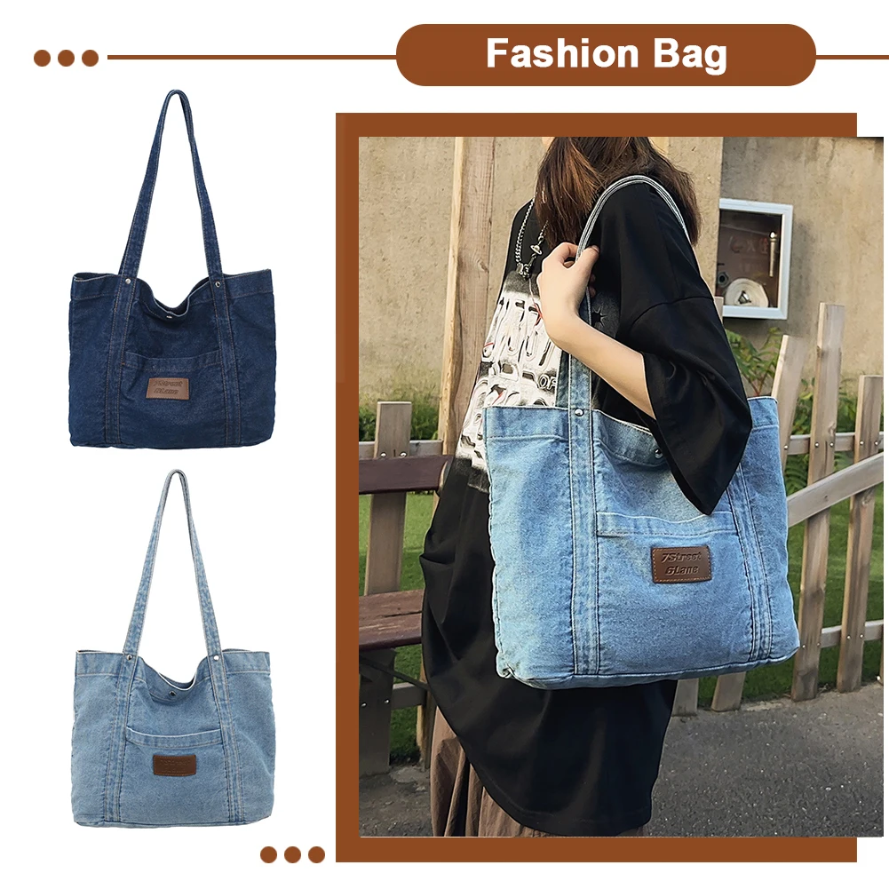 Women Vintage Shoulder Bag Large Capacity Denim Versatile Shopping Bag Solid Color for Travel Work School