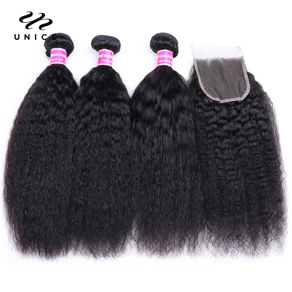 UNICE Hair Brazilian Kinky Straight Human Hair 3 Bundles With Closure 4x4 Natural Color Hair Weaves Extension Remy Hair