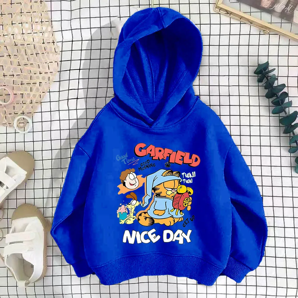 Sudadera con capucha con estampado de dibujos animados Garfield para niños, ocio al aire libre, Jogging, Tops deportivos, ropa para niños, ropa de calidad para niñas, Otoño e Invierno