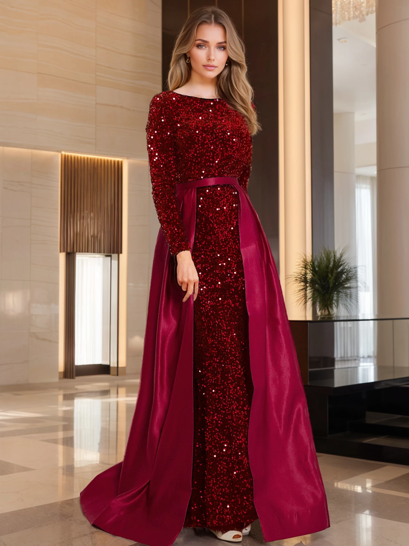 Romagic Modest Stretch Sequin Full Sleeve Evening Party Gown Mermaid Formal Prom Dress Detachable Train Elegant Dresses 2024