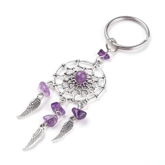 Natural Stone Beads Bohemian Indians Wing Dreamcatcher Alloy Keychain Healing Crystal Amethyst Quartz Agate Charms Key Chain