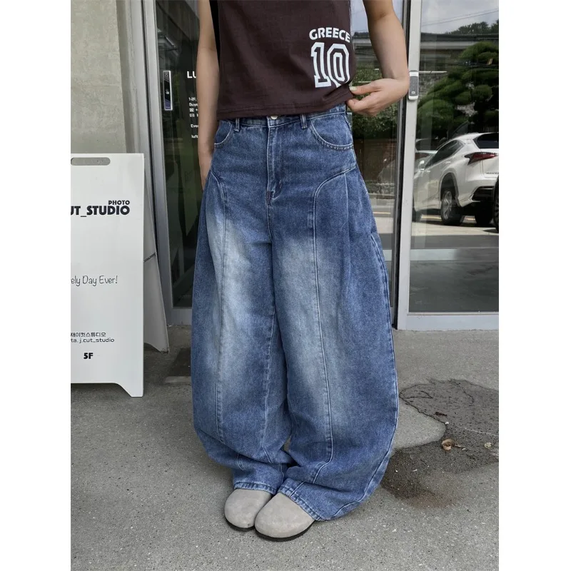 

2026 New Chic Blue Pure Color Straight Leg Pleated Floor-Length Women's Jeans Casual High Waist Denim Pants High Quality Cotton