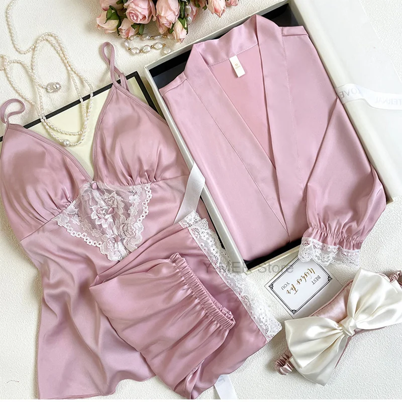 

Pink Sleepwear Satin Home Clothes Women Sexy Pyjamas Suit 4Piece Set Nightwear Lace Hollow Out Strap&shorts Homewear Loungewear