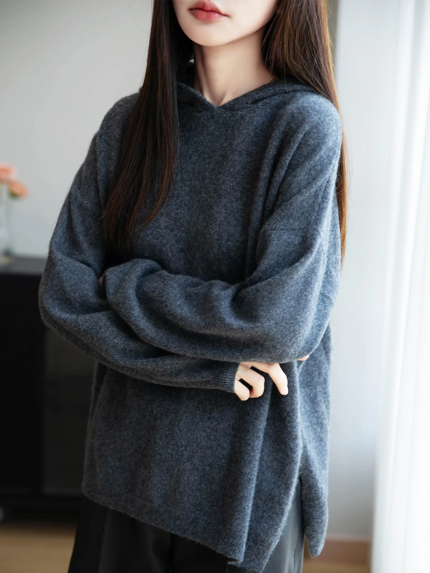 100% Merino Wool Hoodie Women Autumn Winter Warm Knit Pullover Loose Long Sleeve Hooded Sweater Casual Basic Jumper