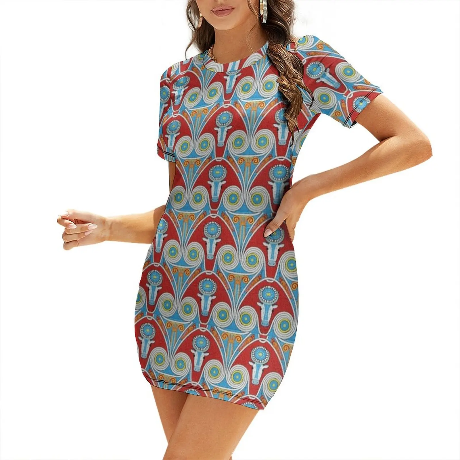 

Ancient Egyptian Woven Pattern APIS BULL Short Sleeved Dress Aesthetic clothing dress for women 2025 women dresses