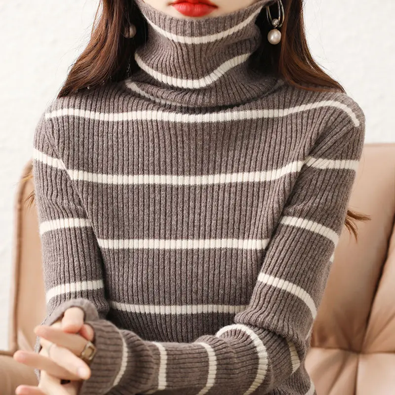 Women's Clothing 2023 Autumn and Winter Fashion New Trend Pile Collar Long Sleeve Temperament Versatile Commuter Stripe Sweater