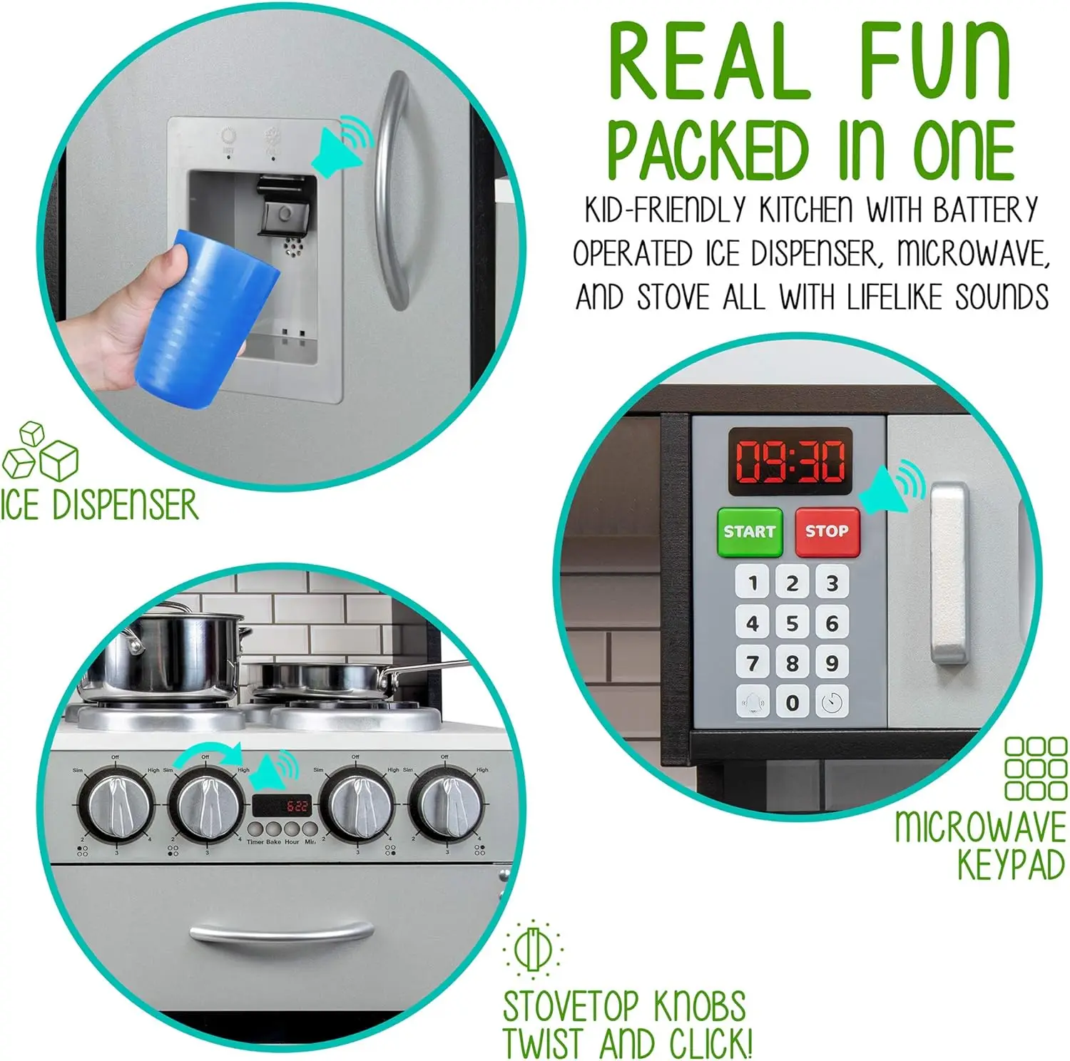 مجموعة مطبخ خشبية للأطفال ، تعمل بالبطارية ، صانع الجليد ، الميكروويف مع صوت واقعي ، الأواني والمقلاة ، لعب المطبخ
