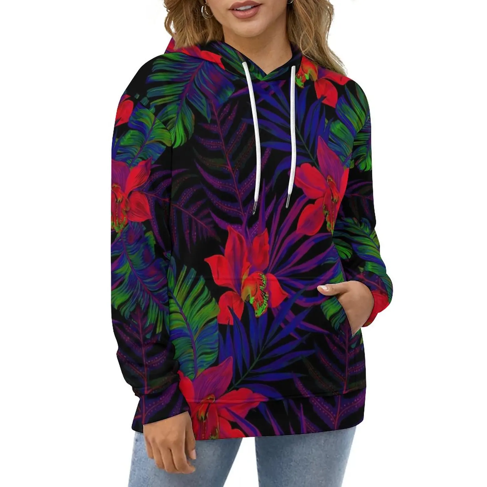 

Tropical Floral Casual Hoodies Green Leaves Pretty Graphic Loose Hoodie Spring Long-Sleeve Streetwear Oversized Sweatshirts