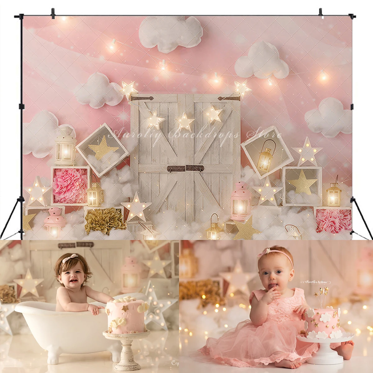 Starry Clouds Backgrounds Birthday Cake Smash Kids Baby Photocall Props Child Adult Photography Decors Wooden Doors Backdrops