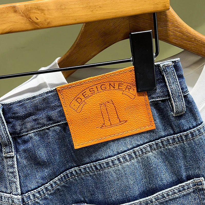 New summer trendy denim shorts men patchwork slim fit straight leg pants fashionable embroidery casual distressed jeans