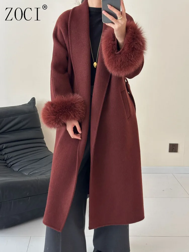 ZOCI Sleeve Fax Fox Fur Lapel Women's Woolen Overcoats Solid Color Long Belt Jackets Bathrobe Style Coats 2024 Winter New FC1306