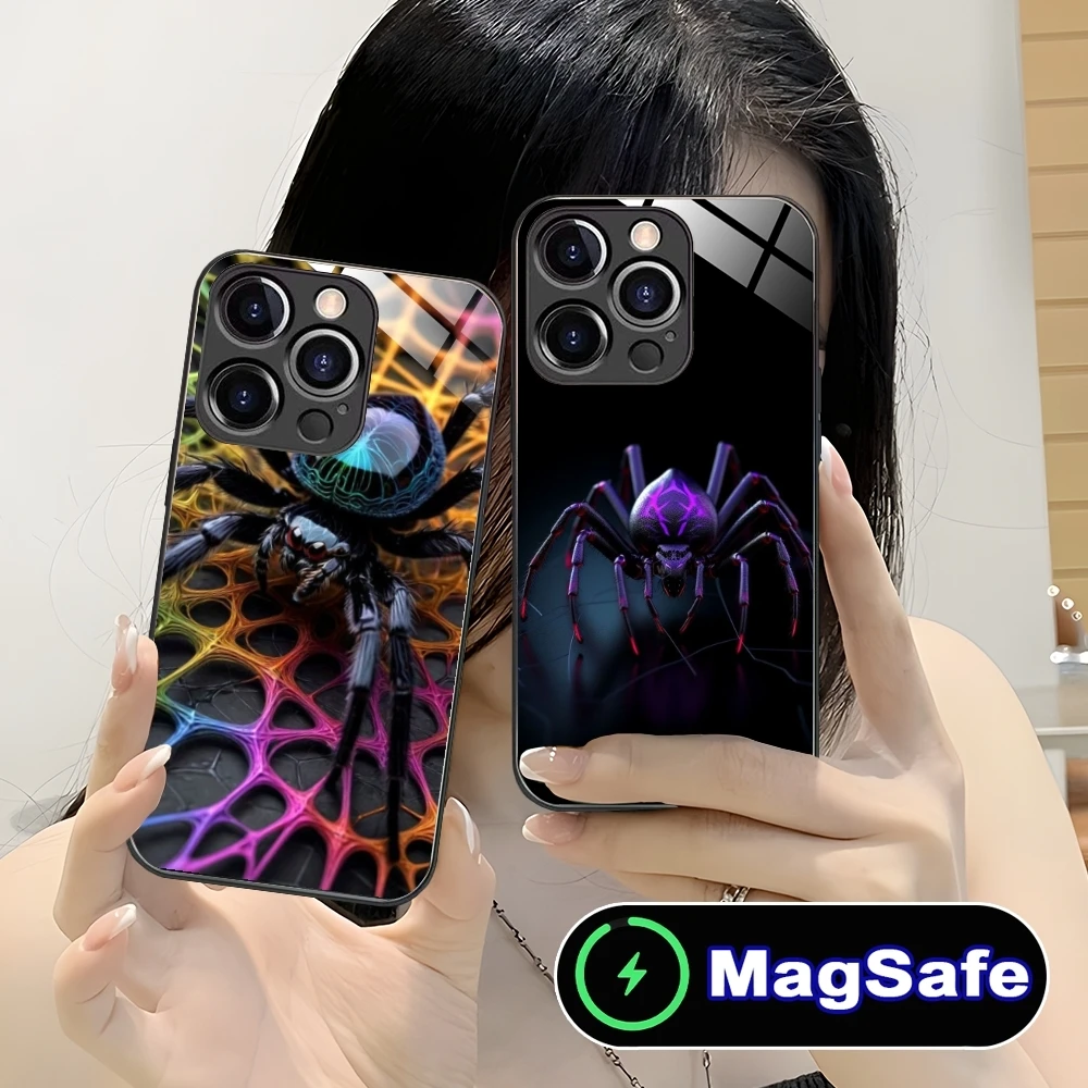 Colour Painting Spider Mobile Cell Phone Case for iPhone 16 15 14 13 12 11 Pro Max Plus Mini MagSafe Wireless Charging Glass Cov