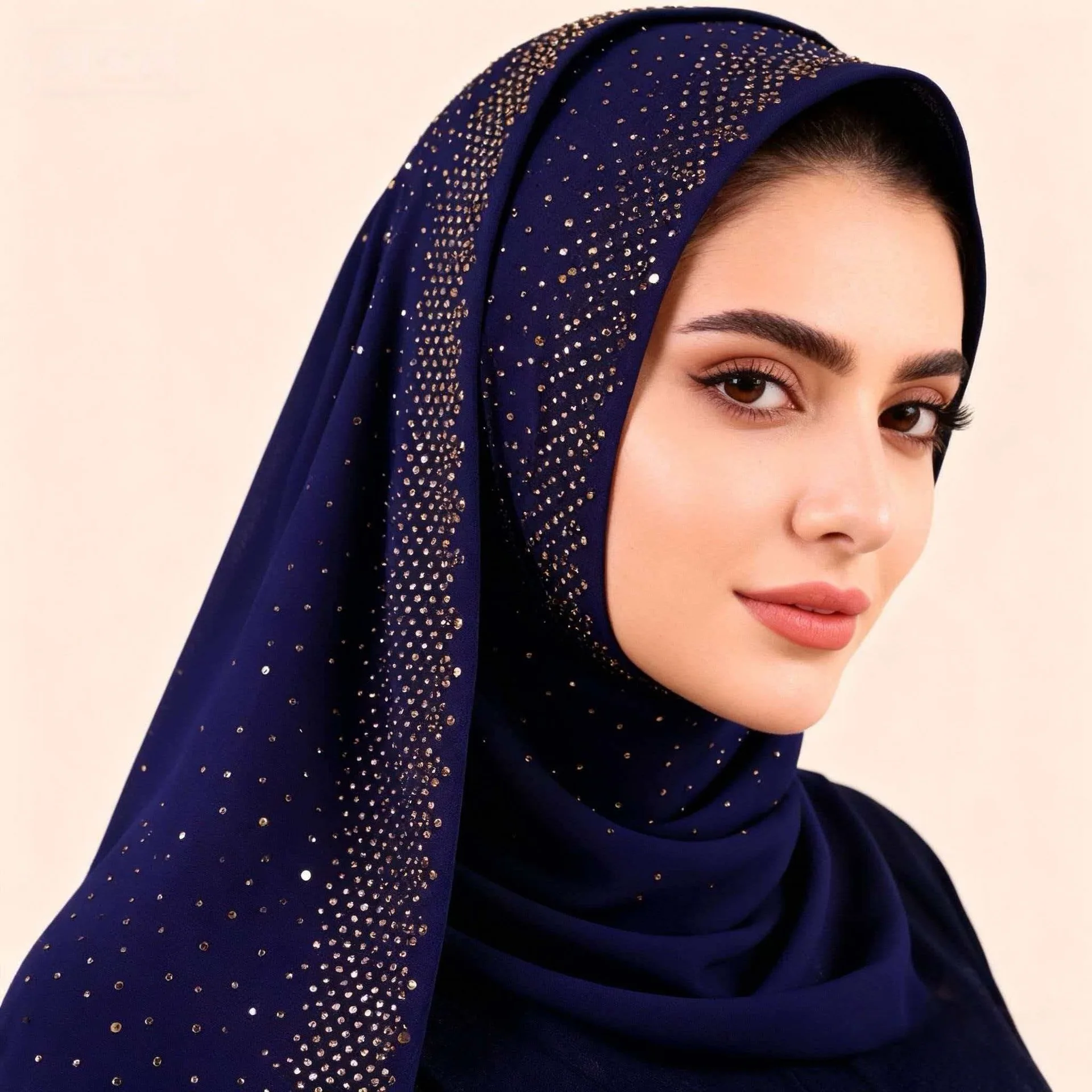 High Quality Chiffon Scarf with Rhinestones, Solid Color Long Hijab Ethnic Style Head Middle East Southeast Asian Women