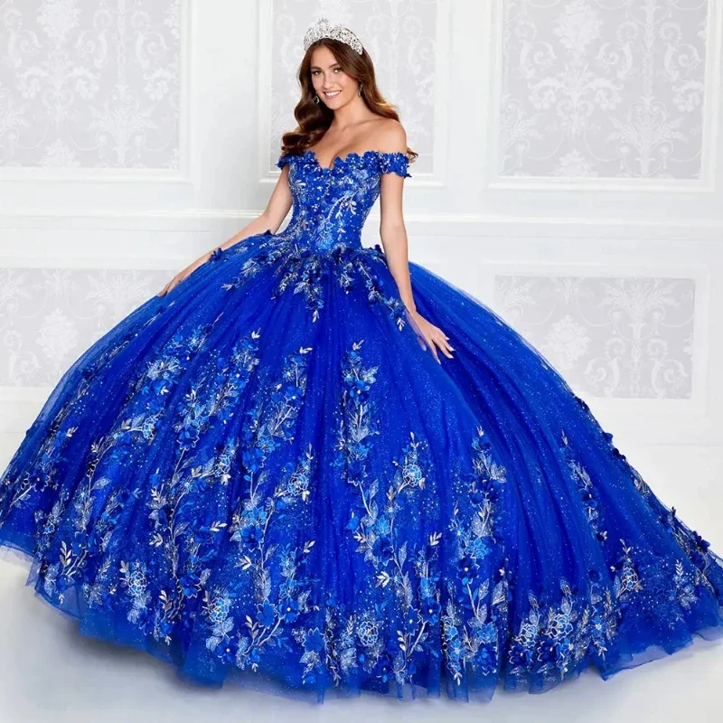 Disesuaikan gaun quineanera biru Royal 3D Applique renda bunga manik-manik manis 16 gaun Vestidos De 15 a00os