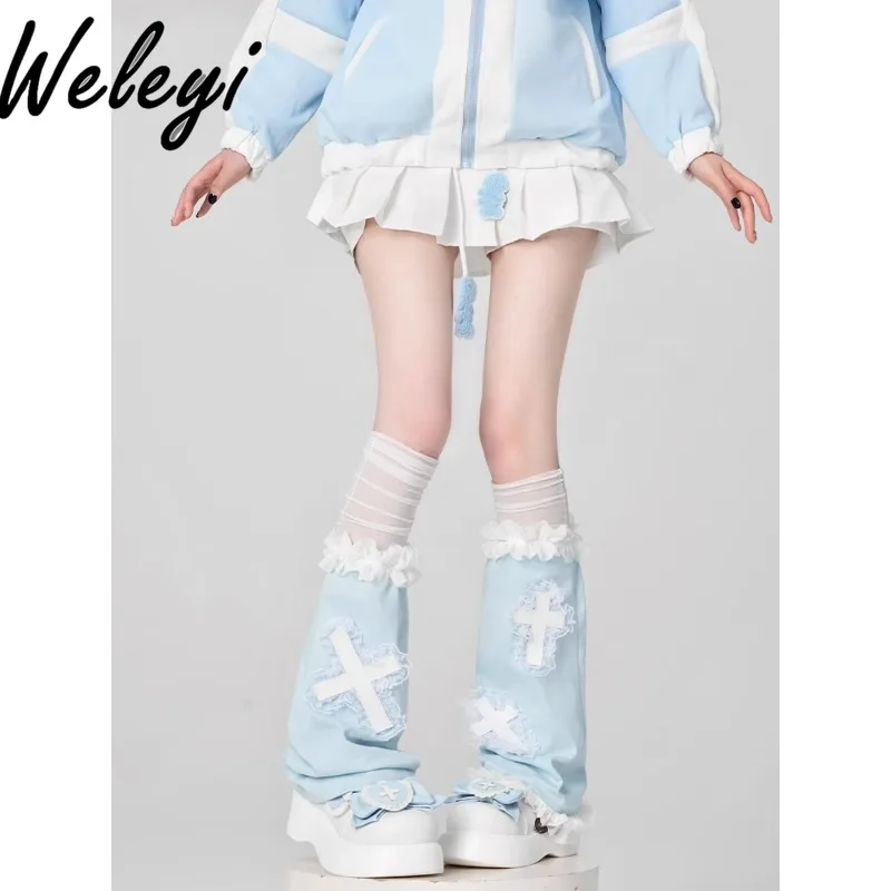 Jirai Kei Accessories Y2K Mine Leg Warmers for Women Original Subculture Hot Girl Blue and White Cross Lace Edge Leg Warmer