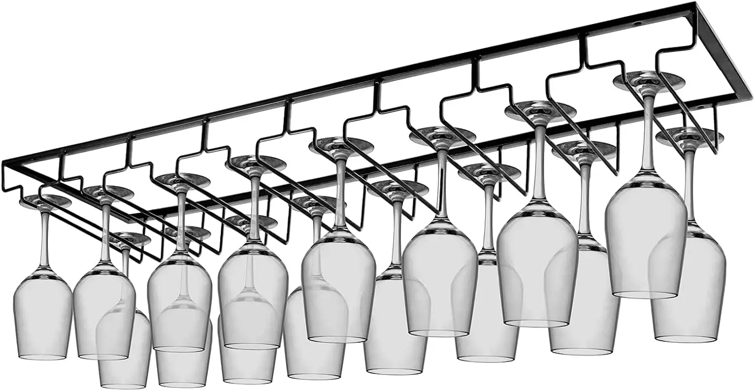 

8-Row Under Cabinet Wine Glass Rack, Large Stemware Holder for Kitchen Bar, Black Metal with Screws