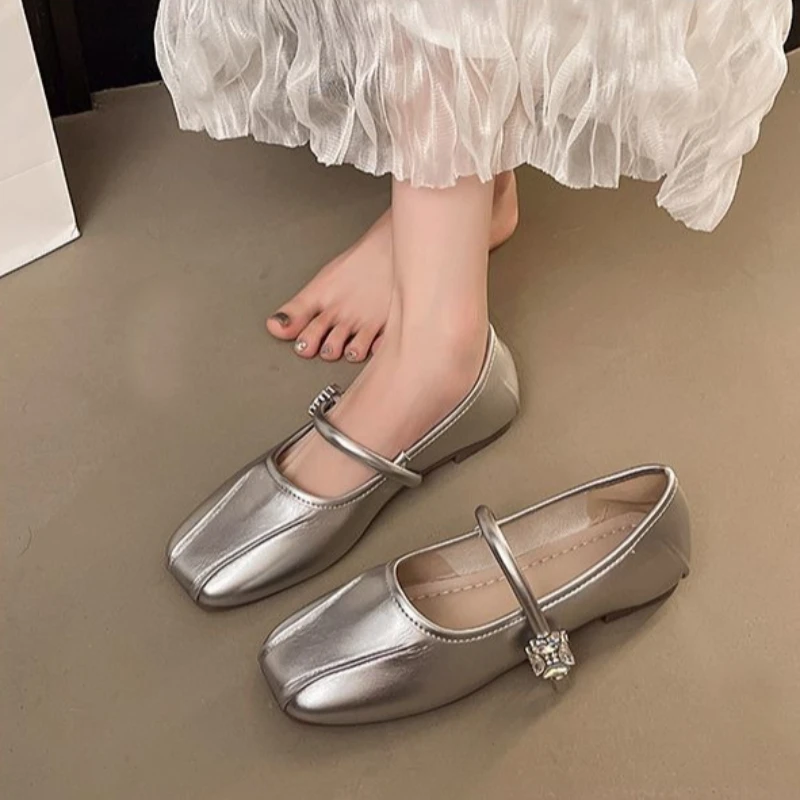 New Summer Women's French Vintage Square-Toe Mary Jane Flats Ruched Leather Comfortable Ultra Soft Shoes for Dress