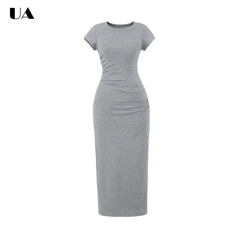 

Fashionable Solid Sheath Midi Dress with Short Sleeves, Elegant O-neck Long Dress for Woman, Trendy Pullover Bodycon Party Dress