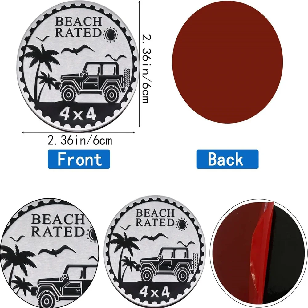 Beach Rated 4 x 4 Car Badge Metal Automotive Badge Round Emblem Decals Stickers  Outdoor Theme Sticker, for Off-Road Vehicles