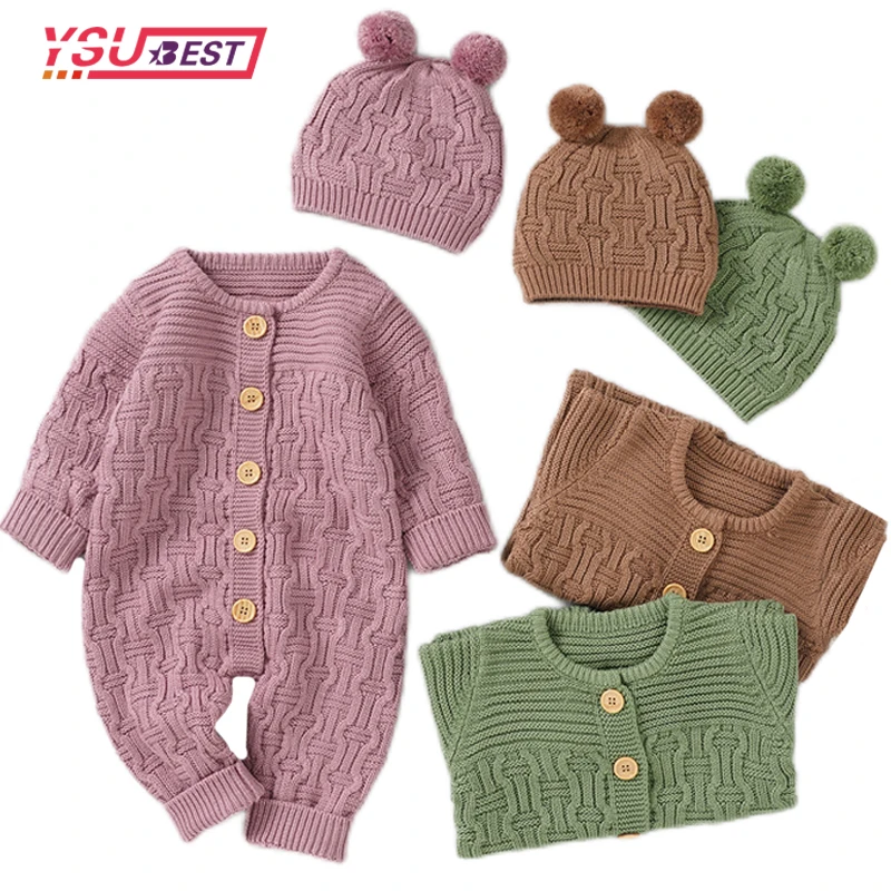 Newborn Girl Boy Knitted Jumpsuits Outfits Baby Rompers Caps Clothes Sets Autumn Winter Long Sleeve Toddler Infant Overalls 2pcs