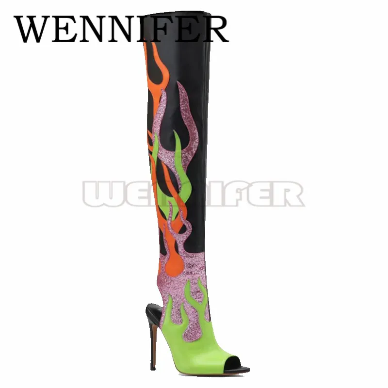 Fake Leather Over Knee High Boot Peep Toe Laser Flame Thigh High Boots Ladies Roman Gladiator Slingback High Stiletto Heel Botas