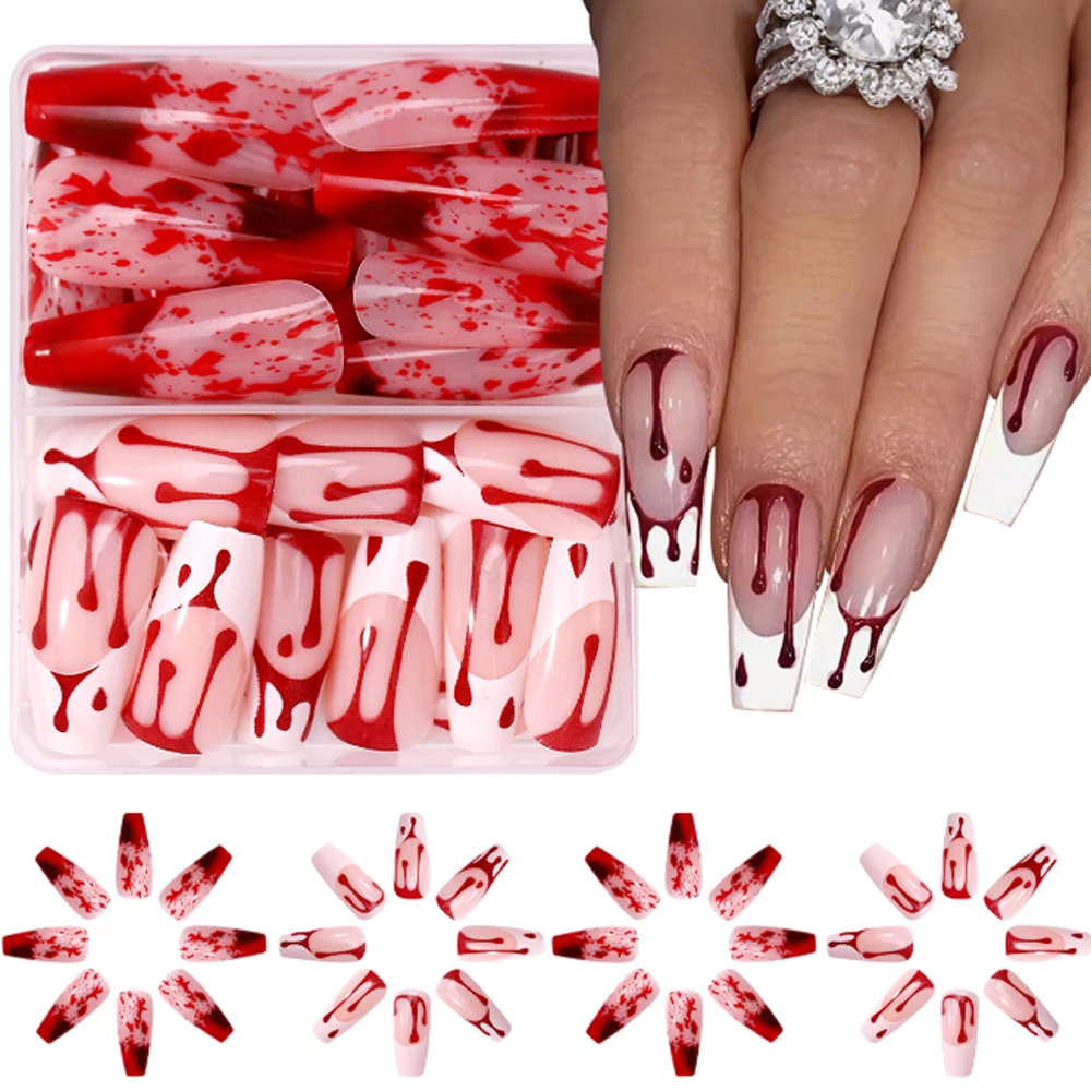 

48pcs Halloween red Blood Droplet False Nails Press On Nails Wearable Fake Nail Manicure Nail Tips накладные ногти