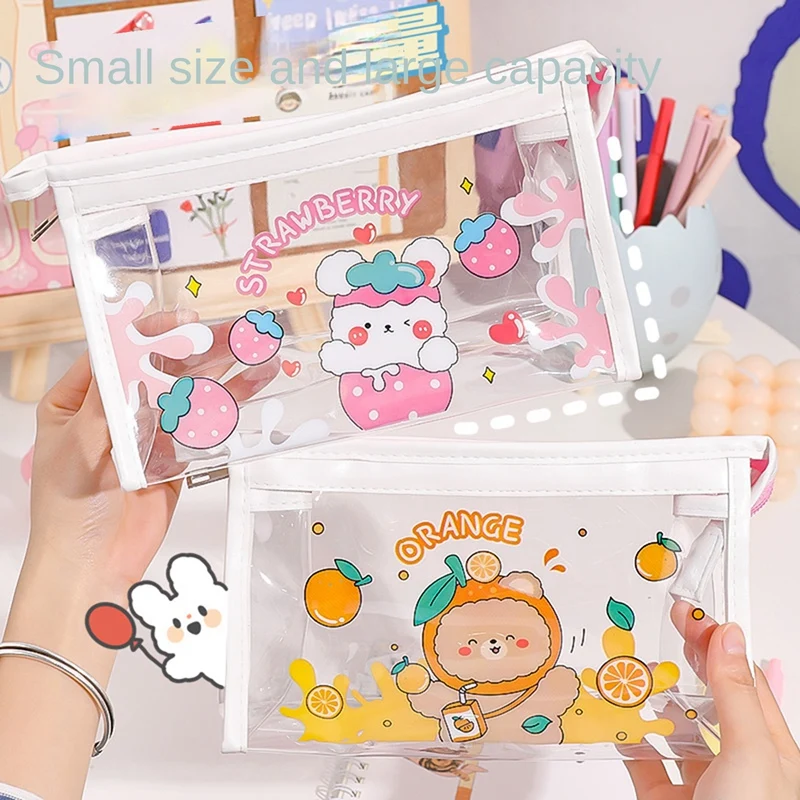 حقيبة مستحضرات التجميل الشفافة الإناث تخزين مقاوم للماء الكرتون المحمولة السفر الحمام سستة المنظم مقلمة