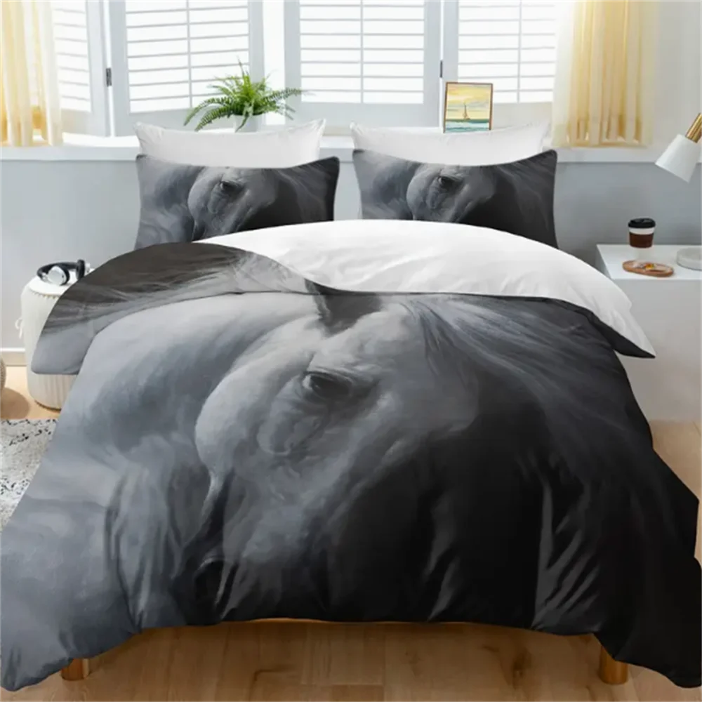 غطاء سرير مطبوع عليه حصان رمادي مكون من 3 قطع مع غطاء لحاف و2 كيس وسادة غطاء لحاف حديث