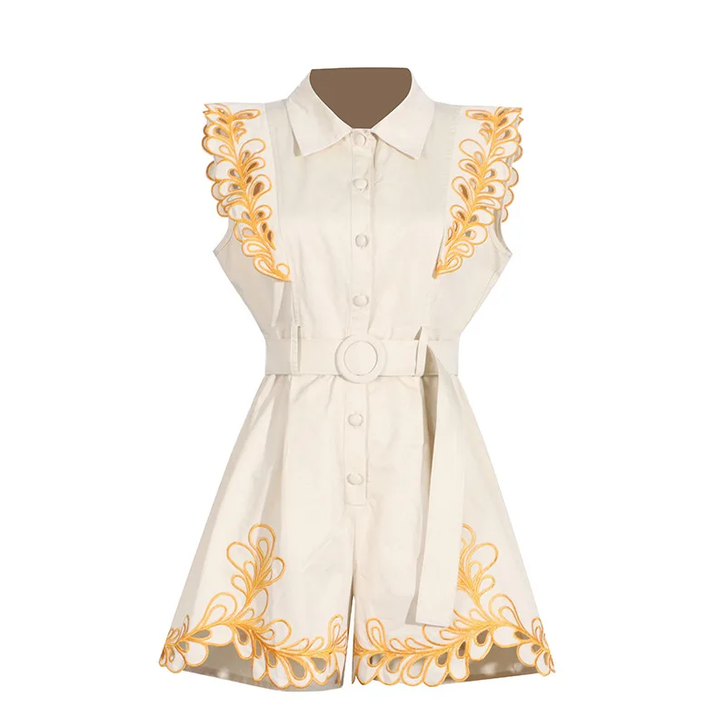 

Doris Fanny Fashion Design Summer Jumpsuit Women Summer Sleeveless Turn-down Collar Flower Embroidery Hollow Out Clothes