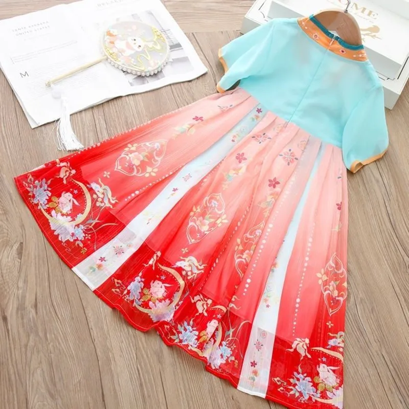 Hanfu Teenage Girls Dress Summer New Chinese Jade Rabbit Embroidery Chiffon Girls Hanfu Dress Children\'s Baby Vintage Dress