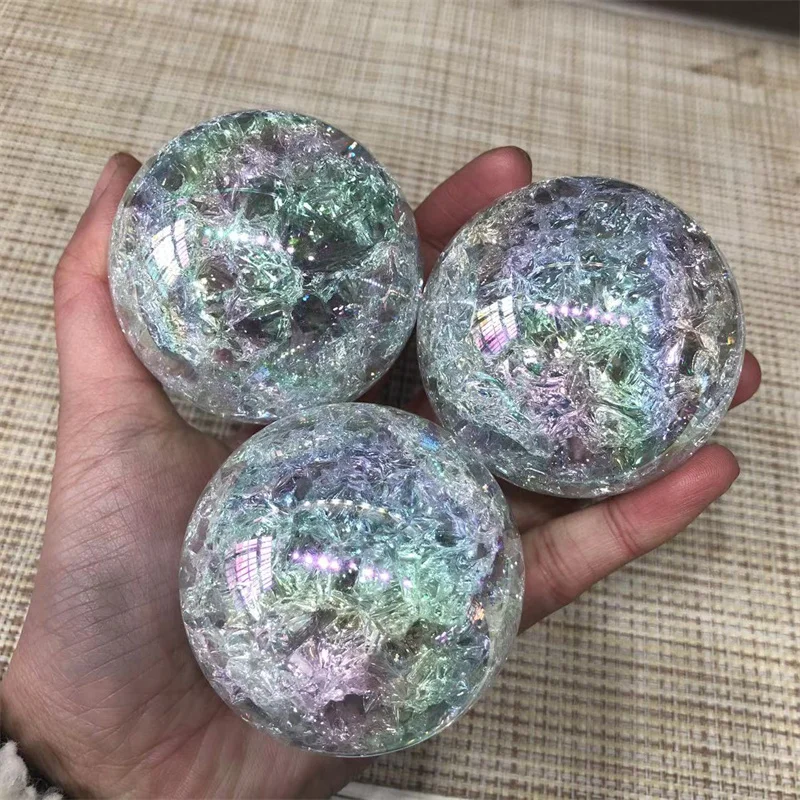 Aura Quartz Crystal Rainbow Crackle Break Out Ball Healing Reiki Gemstones Sphere Feng Shui Home Decoration