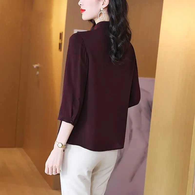 Womens Clothing Vintage Stand Collar Elegant Button Up Shirt Korean Fashion Office Lady Business Casual Blouse Simple Solid Tops