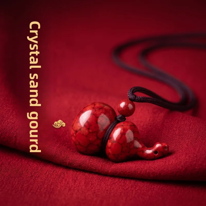 Chinese Lucky Cinnabar Gourd Pendant Necklace Translucent Crystal Cinnabar Unisex Adjustable Rope Necklace For Bless Wealth Good