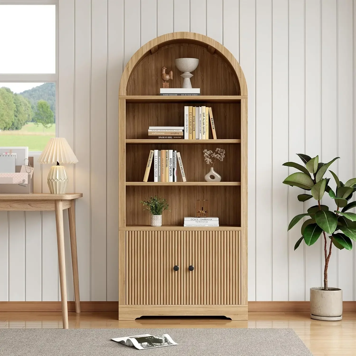 70 Inch Arched Bookcase 6 Tier Bookshelf with Door Freestanding Display Storage Cabinet Farmhouse Shelves for Living Room Bedroo