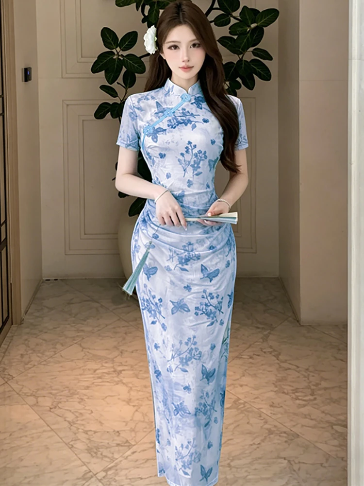 

Summer Blue Flocking Floral Short Sleeve Stand Collar Dress 2026 Korean Vintage Bodycon Prom Clothes Women Elegant Luxury Dress