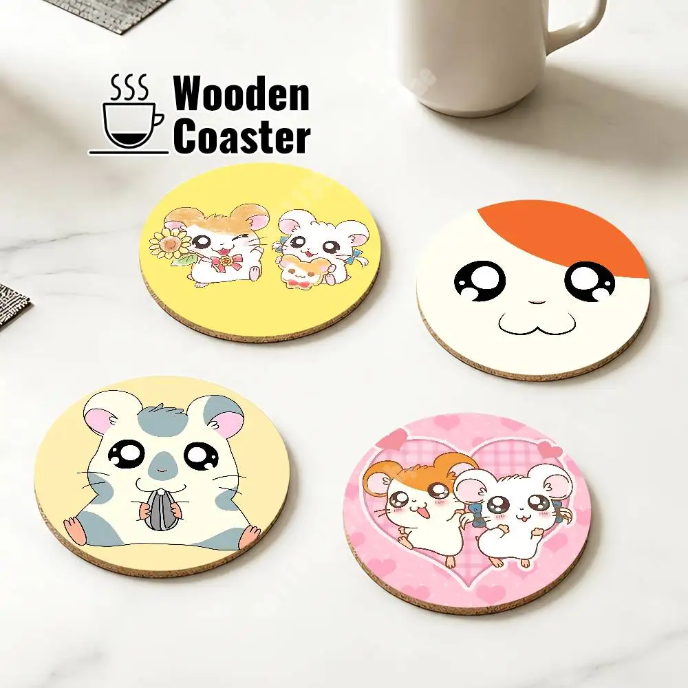 H-Hamtaro-S Cartoon Hamster Wooden Cup Mat Americano Beer Milk Water Coaster for Baking Studio