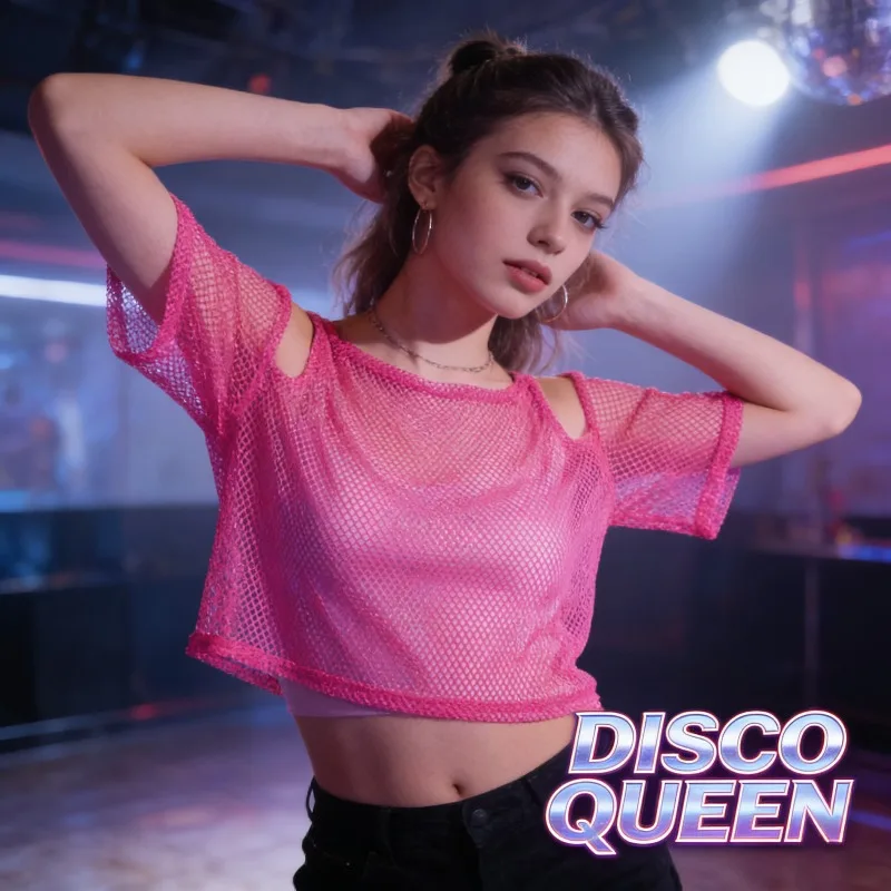 

Women 1980s Fishnet Mesh Top Vintage Retro Disco Party Shirt Bold Dance Costume
