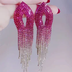 Shiny Rainbow Color Crystal Earrings for Women Long Tassel Pink Rhinestone Dangle Earrings Ladies Bride Weddings Jewelry