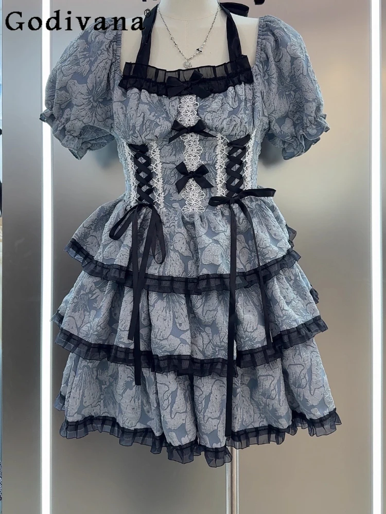 

2025 Summer New Korean Chic Lace-Up Sweet Bow Elegant Square Collar Lolita Dress Girl Puff Sleeve Lace Princess Cake Dresses