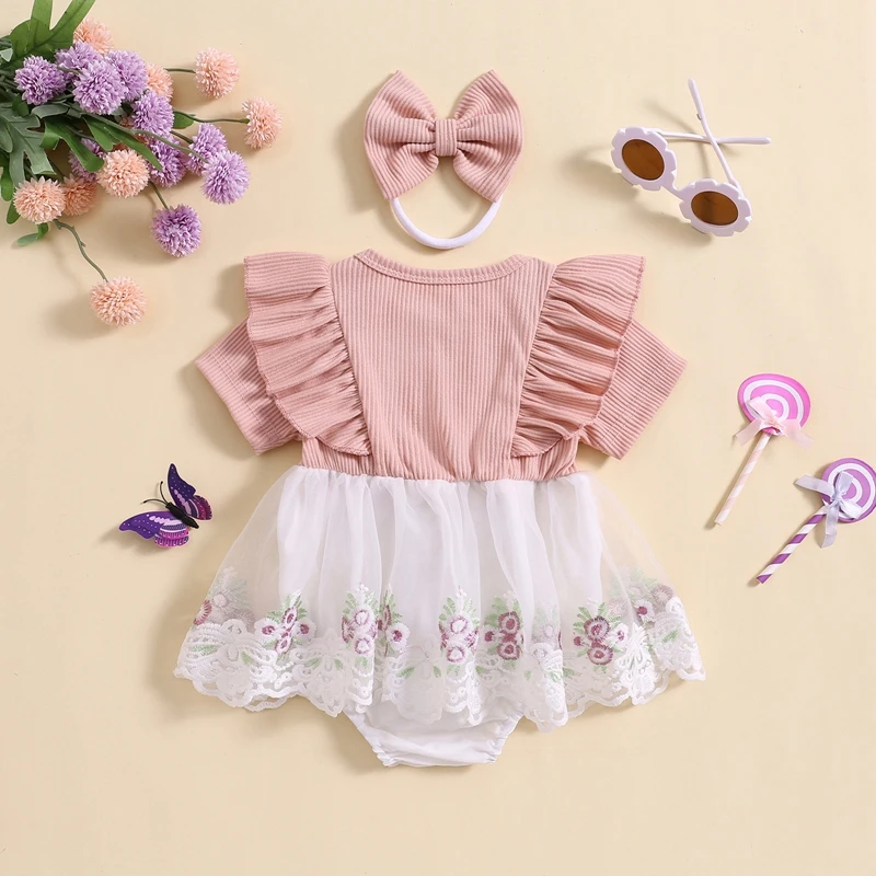 

Infant Girls Romper Dress Flower Short Sleeve Ruffled Jumpsuit Tulle Dress with Bow Headband
