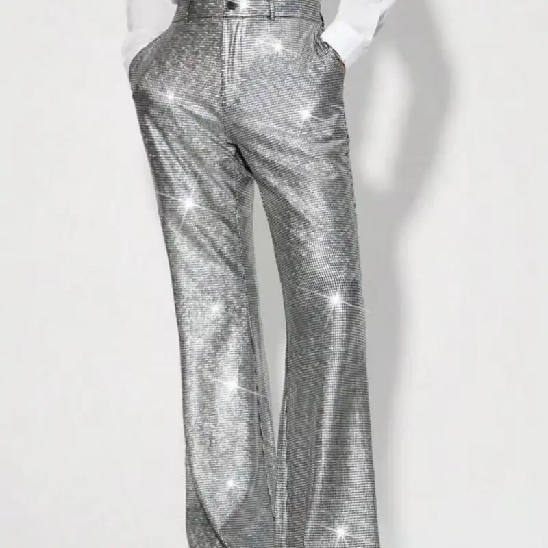 Shiny Flare Pants for Men Metallic Disco Trousers with Micro Grid Texture Retro Stage Wear for Party Club Night  Sequin Pants