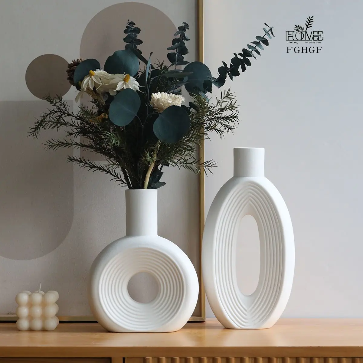 White ceramic vase decoration living room flower arrangement niche creative high-end hydroponic art dry flower dining table pair